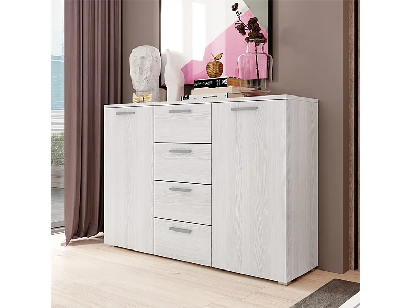 Cómoda de dormitorio con 4 cajones y 2 puertas de madera color blanco 132x38x93 cm Lemere