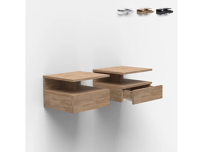 Nachttische 2er Set wandhängend mit Schublade für das Schlafzimmer Alabastro - Natur