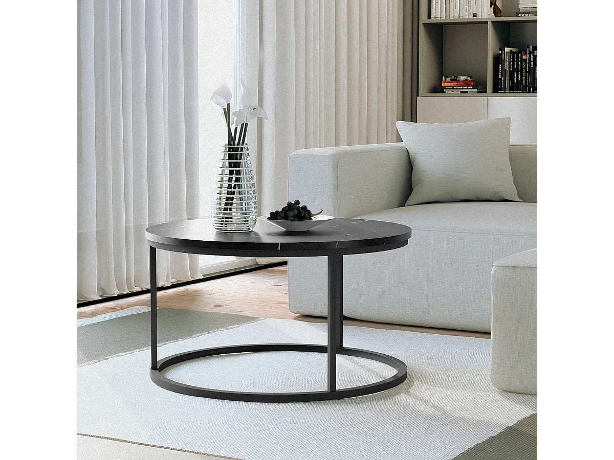 Mesa de centro redonda de 80 cm efecto mármol moderna Ossidiana - Negro