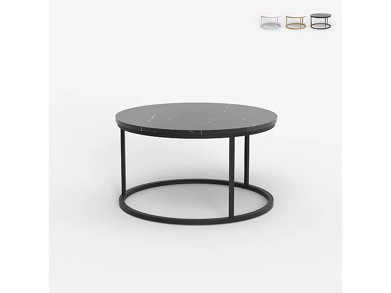 Tavolino da salotto rotondo 80cm effetto marmo contemporaneo Ossidiana - Nero