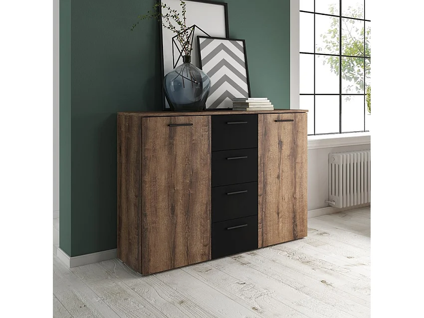 Cómoda de dormitorio con 2 puertas y 4 cajones color madera o negro Ertras