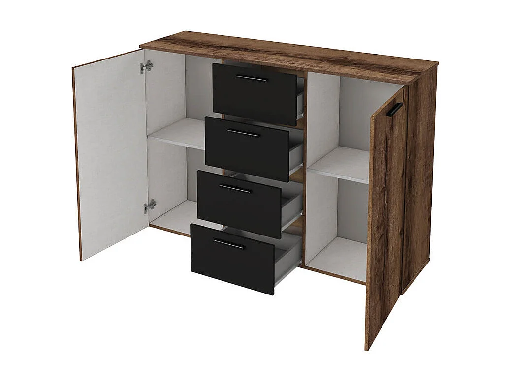 Commode de chambre à coucher 2 portes 4 tiroirs en bois noir Ertras