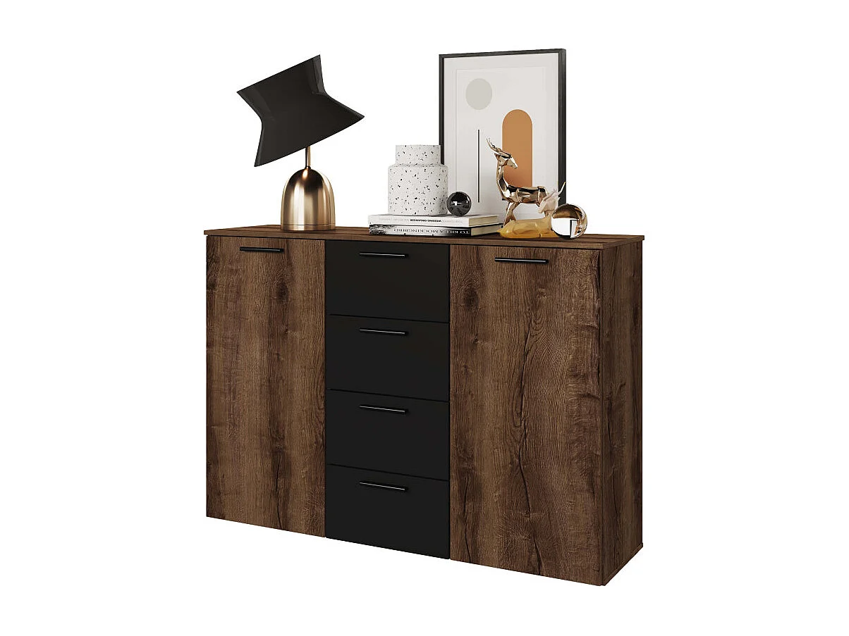 Commode de chambre à coucher 2 portes 4 tiroirs en bois noir Ertras