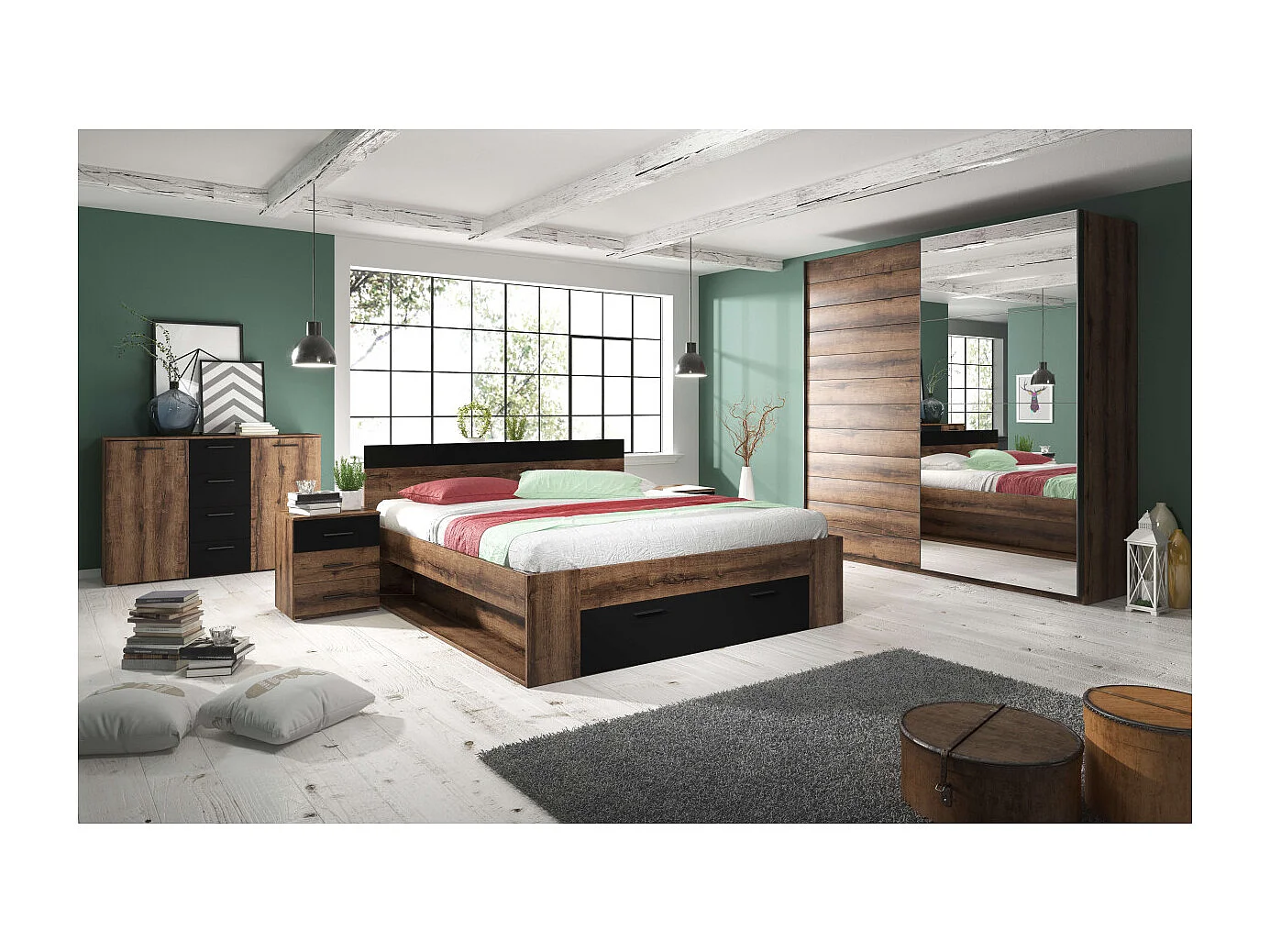 Commode de chambre à coucher 2 portes 4 tiroirs en bois noir Ertras