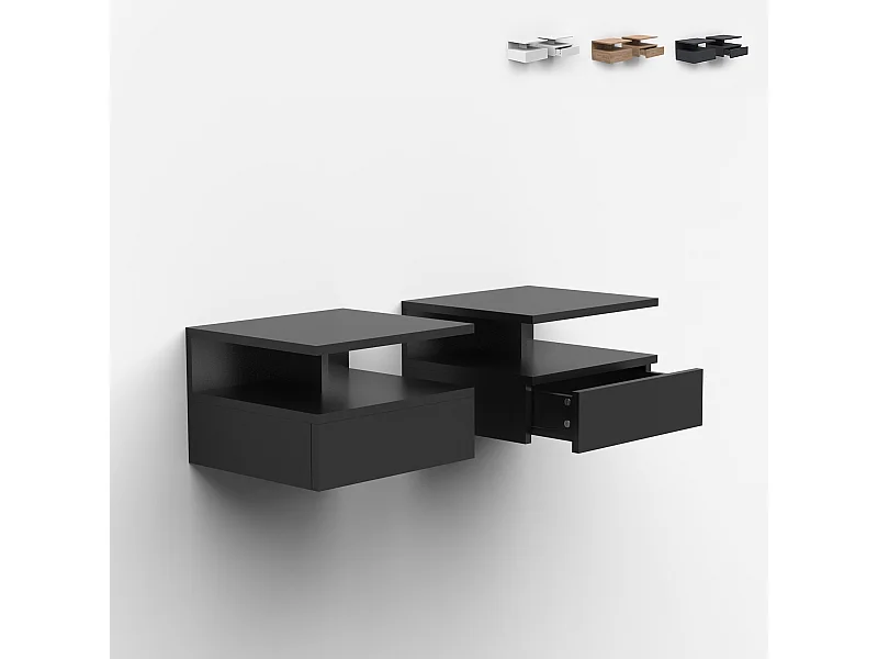 Nachttische 2er Set wandhängend mit Schublade für das Schlafzimmer Alabastro - Schwarz