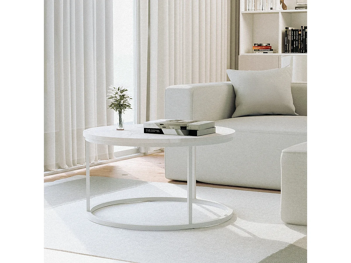 Mesa de centro redonda de 80 cm efecto mármol moderna Ossidiana - Blanco