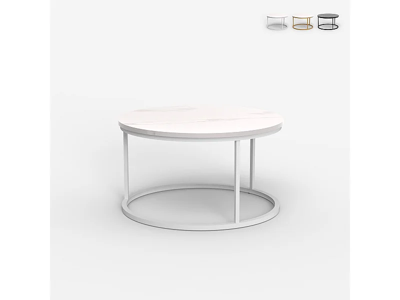 Tavolino da salotto rotondo 80cm effetto marmo contemporaneo Ossidiana - Bianco
