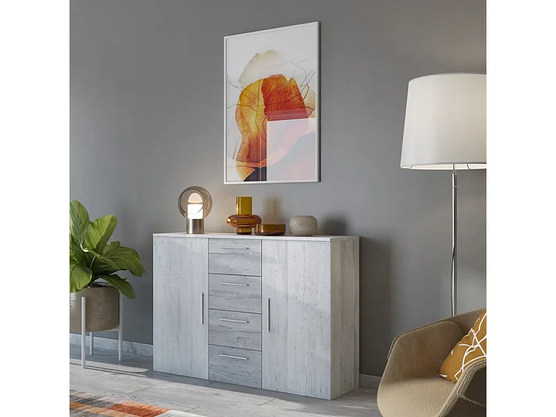 Cómoda aparador de madera blanca con 4 cajones y 2 puertas para dormitorio Forsy