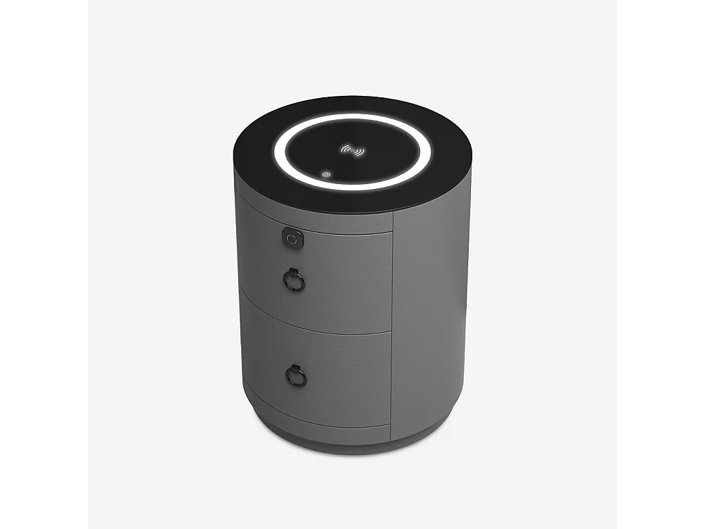 Moderner runder Nachttisch mit kabelloser LED-Lampe und 2 Schubladen Moho