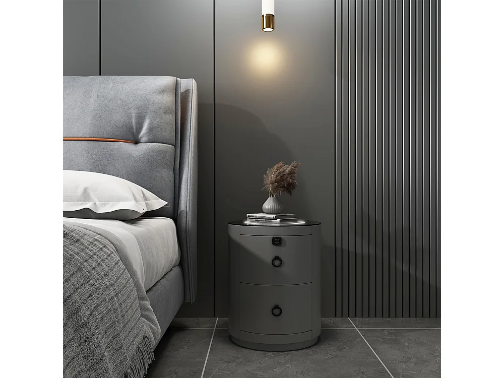 Moderner runder Nachttisch mit kabelloser LED-Lampe und 2 Schubladen Moho