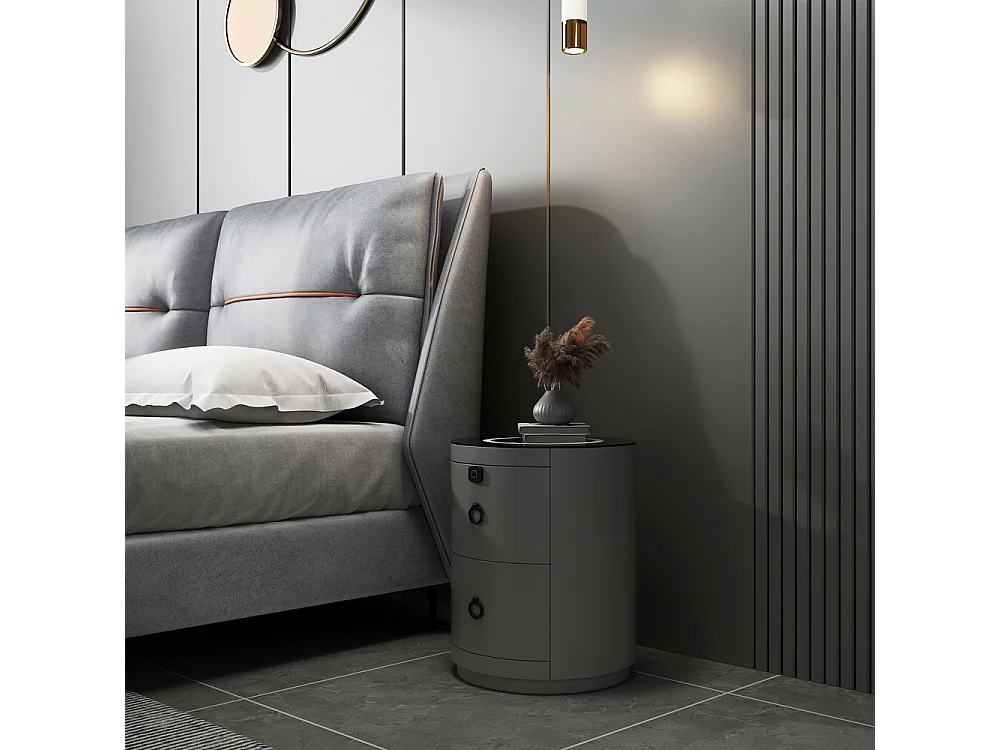 Moderner runder Nachttisch mit kabelloser LED-Lampe und 2 Schubladen Moho