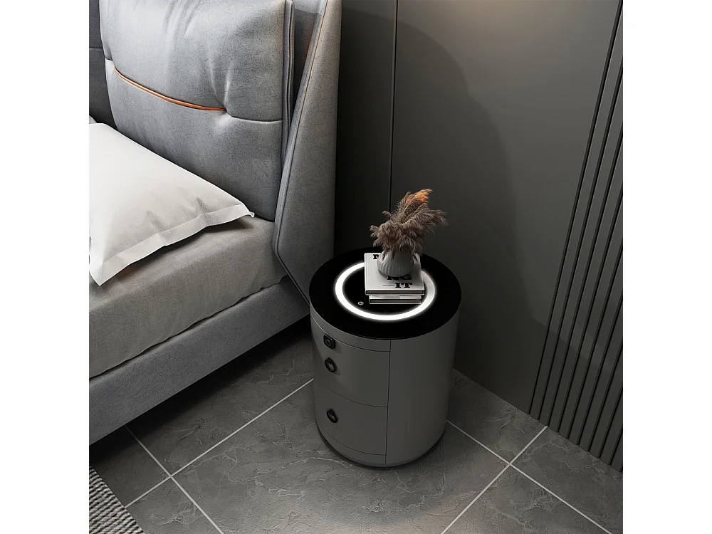 Moderner runder Nachttisch mit kabelloser LED-Lampe und 2 Schubladen Moho