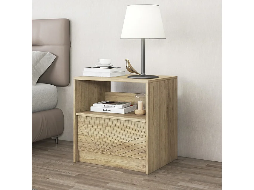 Mesita de noche moderna de madera para dormitorio con cajón deslizable Odi - Natural
