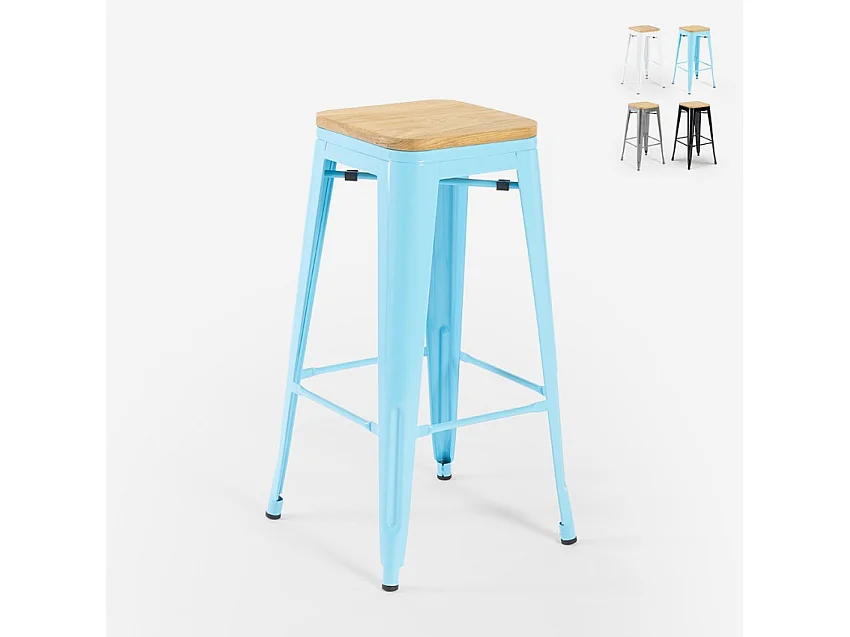 stuhl hoch bar küche metall industriell oben h78cm holz steel up wood - Hellblau