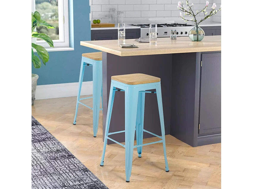 stuhl hoch bar küche metall industriell oben h78cm holz steel up wood - Hellblau