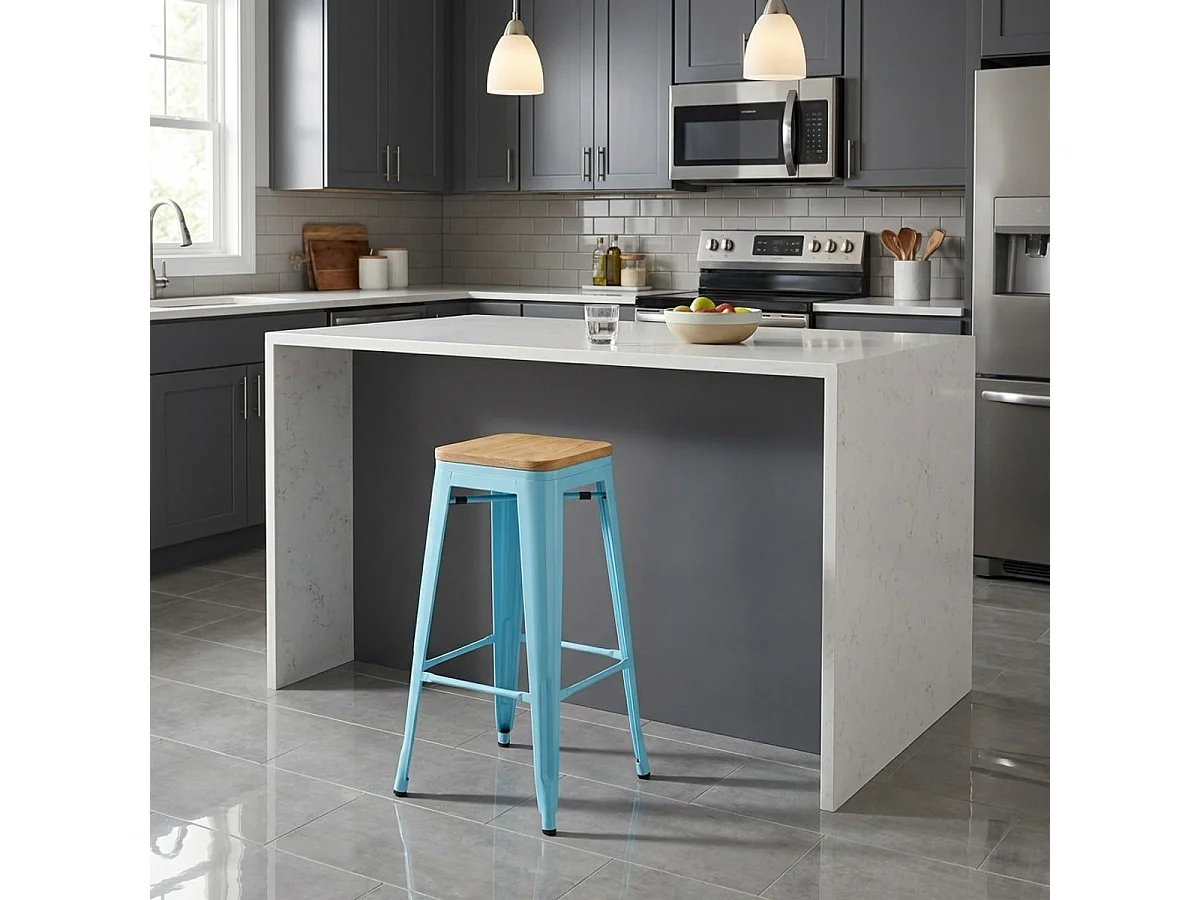 tabouret haut en métal pour cuisine-bar plateau en bois steel up wood - Turquoise