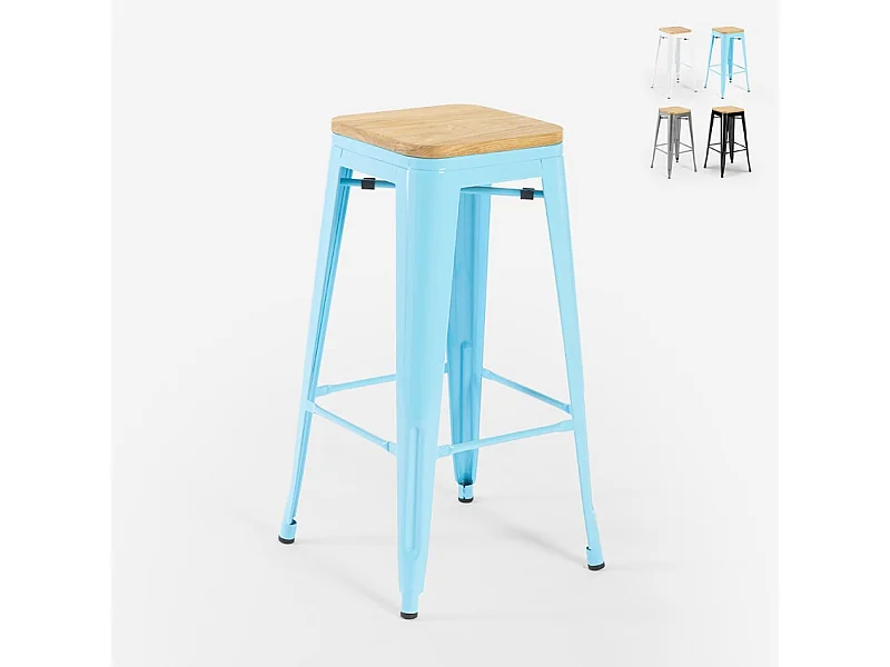 stuhl hoch bar küche metall industriell oben h78cm holz steel up wood - Hellblau