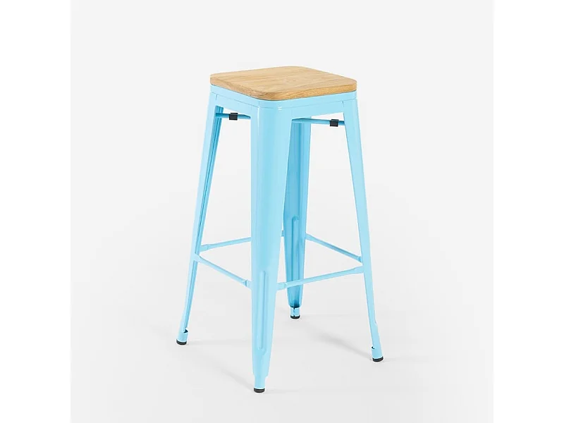 sgabello alto bar cucina h78cm industriale top legno steel up wood - Azzurro