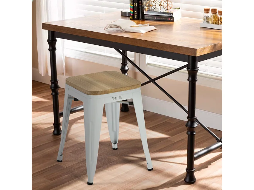 taburete industrial metal bar cocina madera steel rocket wood - Blanco