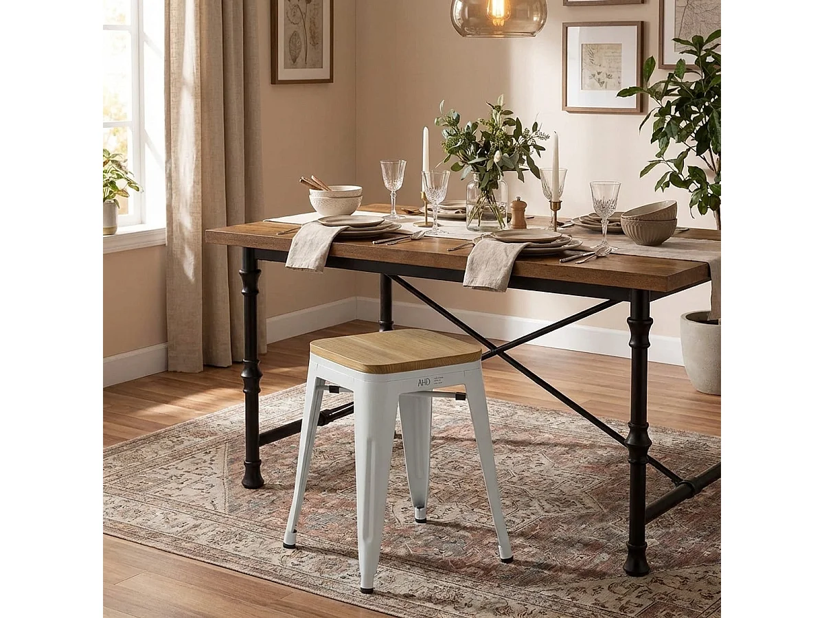 taburete industrial metal bar cocina madera steel rocket wood - Blanco