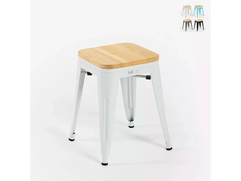 taburete industrial metal bar cocina madera steel rocket wood - Blanco