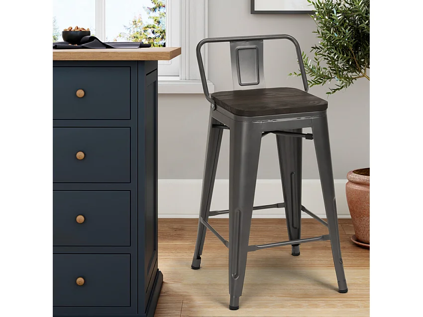 hoher hocker industriedesign barhocker aus metall und holz im stil für bar oder küche steel wood top - Dunkel Grau