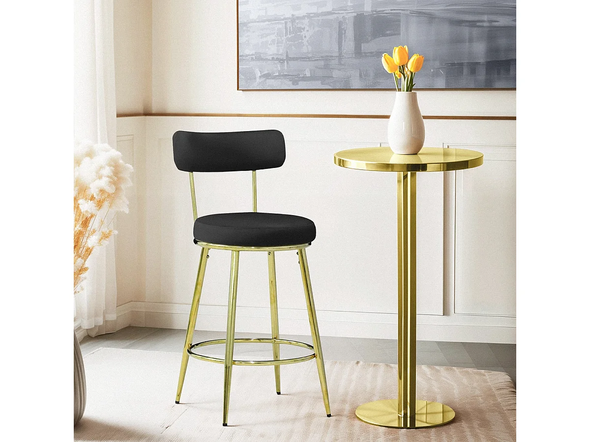 Taburete de bar y cocina de terciopelo con respaldo y patas doradas Kraven - Negro