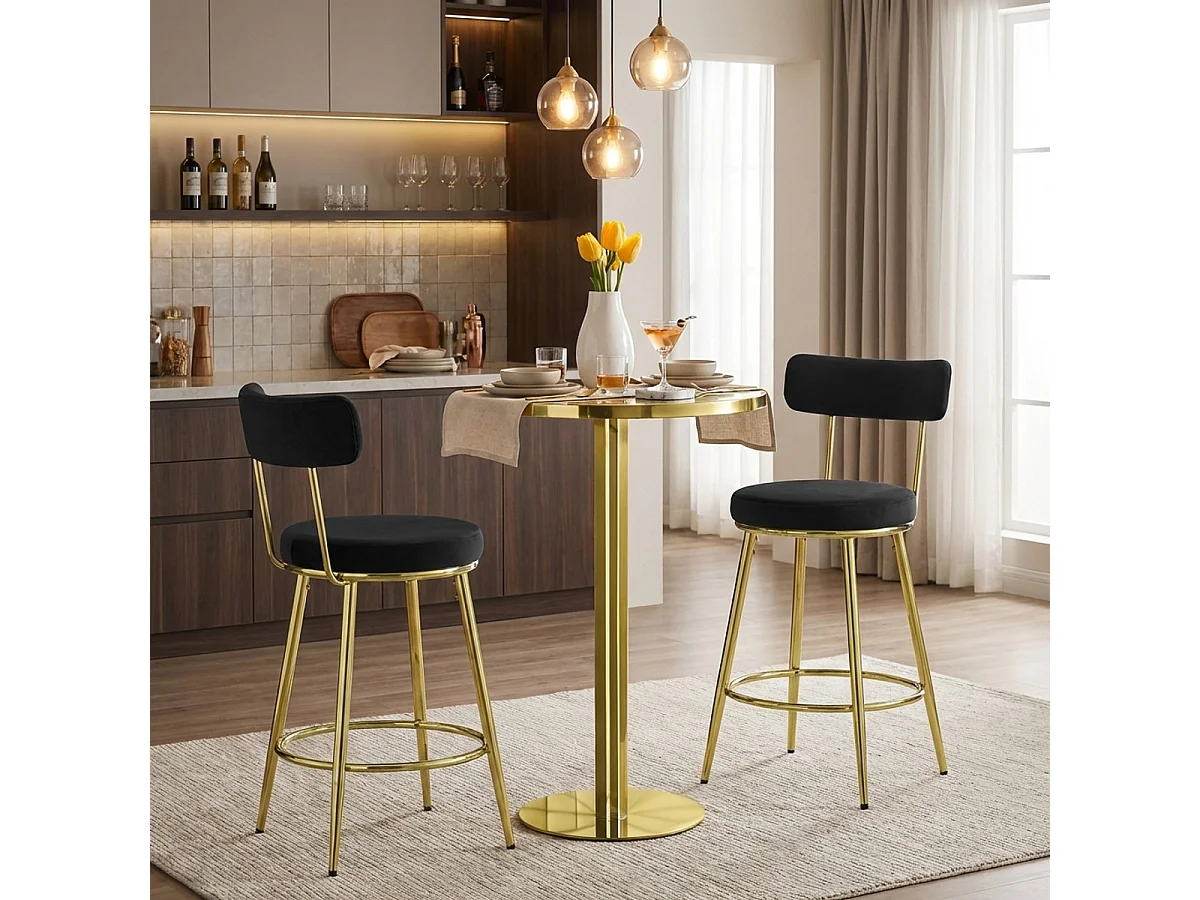 Hocker Bar Küchen aus Samt mit Rückenlehne und goldfarbenen Beinen Kraven - Schwarz
