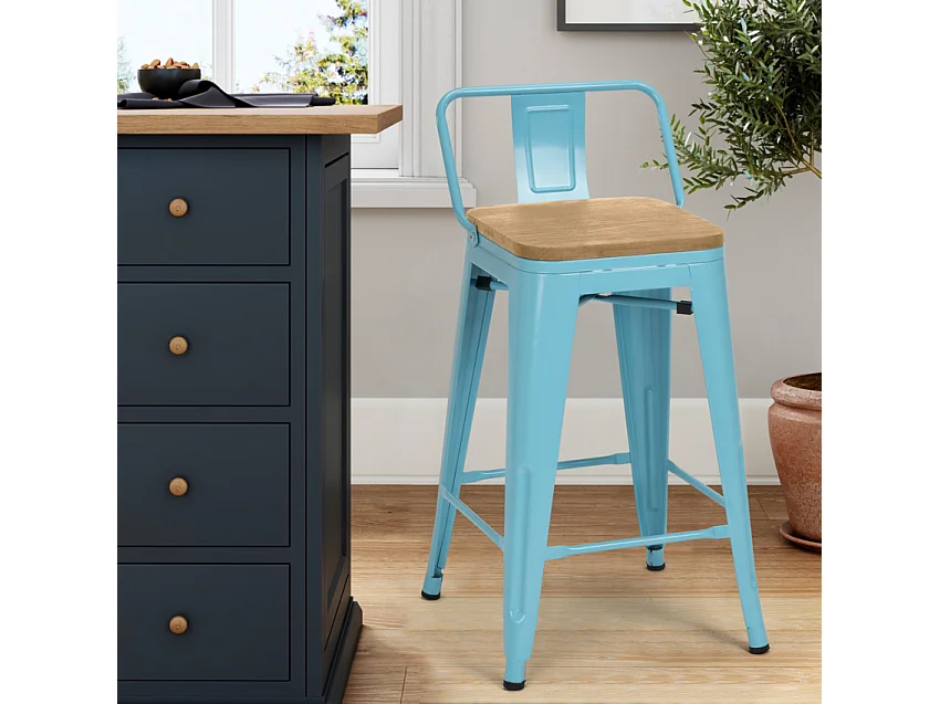 taburete alto estilo diseño industrial cocina bar steel wood top light - Azul