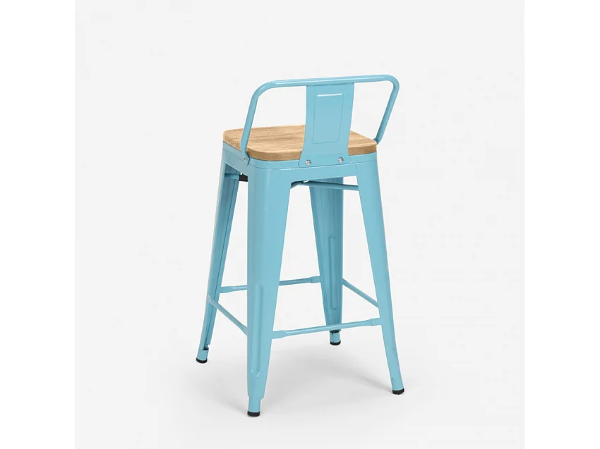 taburete alto estilo diseño industrial cocina bar steel wood top light - Azul