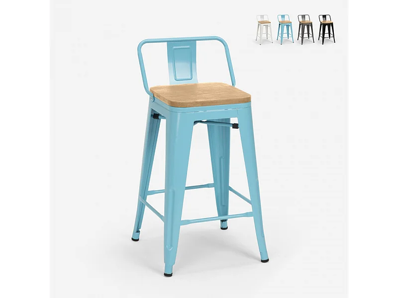 taburete alto estilo diseño industrial cocina bar steel wood top light - Azul