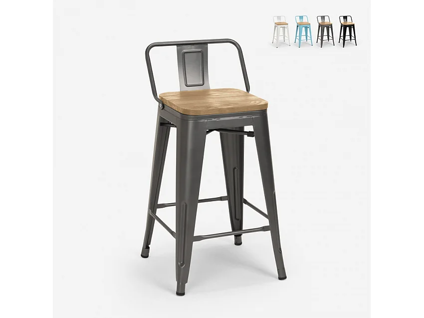 taburete alto estilo diseño industrial cocina bar steel wood top light - Gris Oscuro