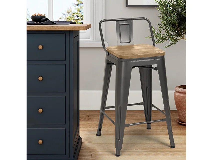 taburete alto estilo diseño industrial cocina bar steel wood top light - Gris Oscuro