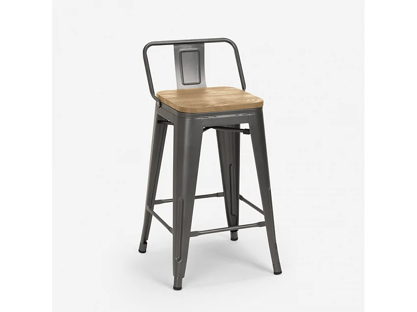 taburete alto estilo diseño industrial cocina bar steel wood top light - Gris Oscuro
