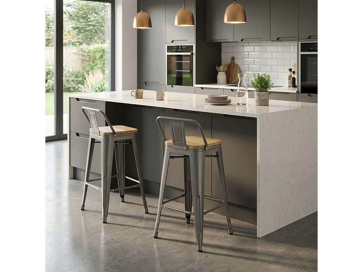 taburete alto estilo diseño industrial cocina bar steel wood top light - Gris Oscuro