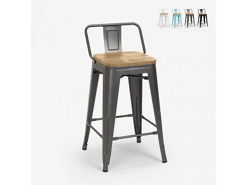 taburete alto estilo diseño industrial cocina bar steel wood top light - Gris Oscuro