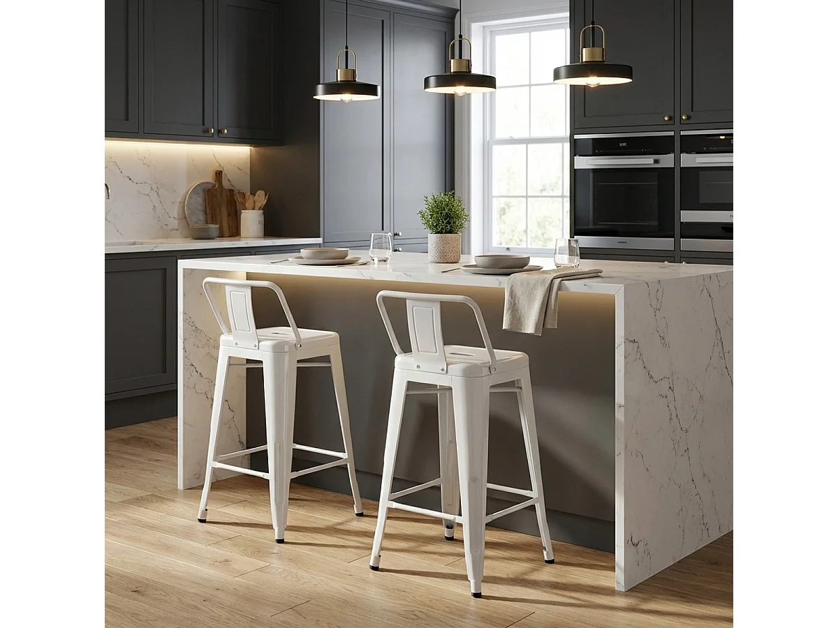 Barhocker im industrie stil aus metall mit rückenlehne Steel Top - Weiß