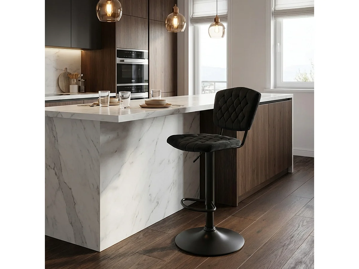 Taburete alto regulable para cocina tapizado en tejido terciopelo Toronto - Negro