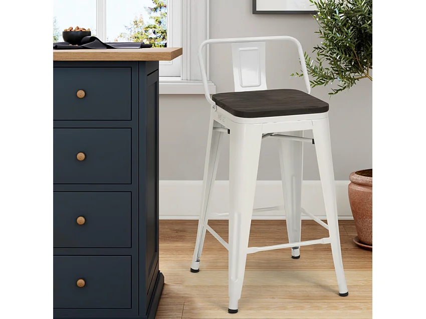 taburete alto de diseño industrial de metal y madera, para barra y cocina steel wood top - Blanco