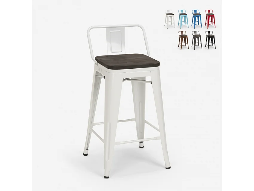 taburete alto de diseño industrial de metal y madera, para barra y cocina steel wood top - Blanco