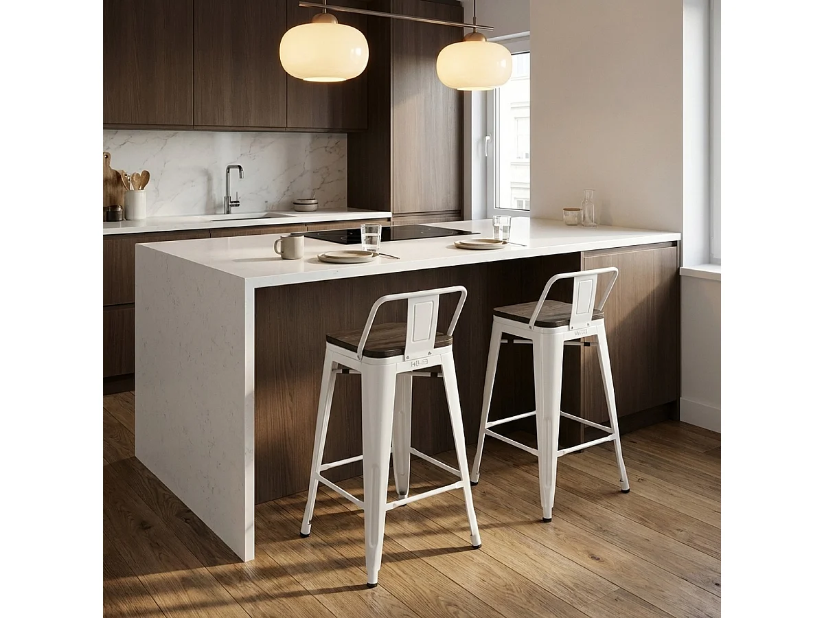 taburete alto de diseño industrial de metal y madera, para barra y cocina steel wood top - Blanco