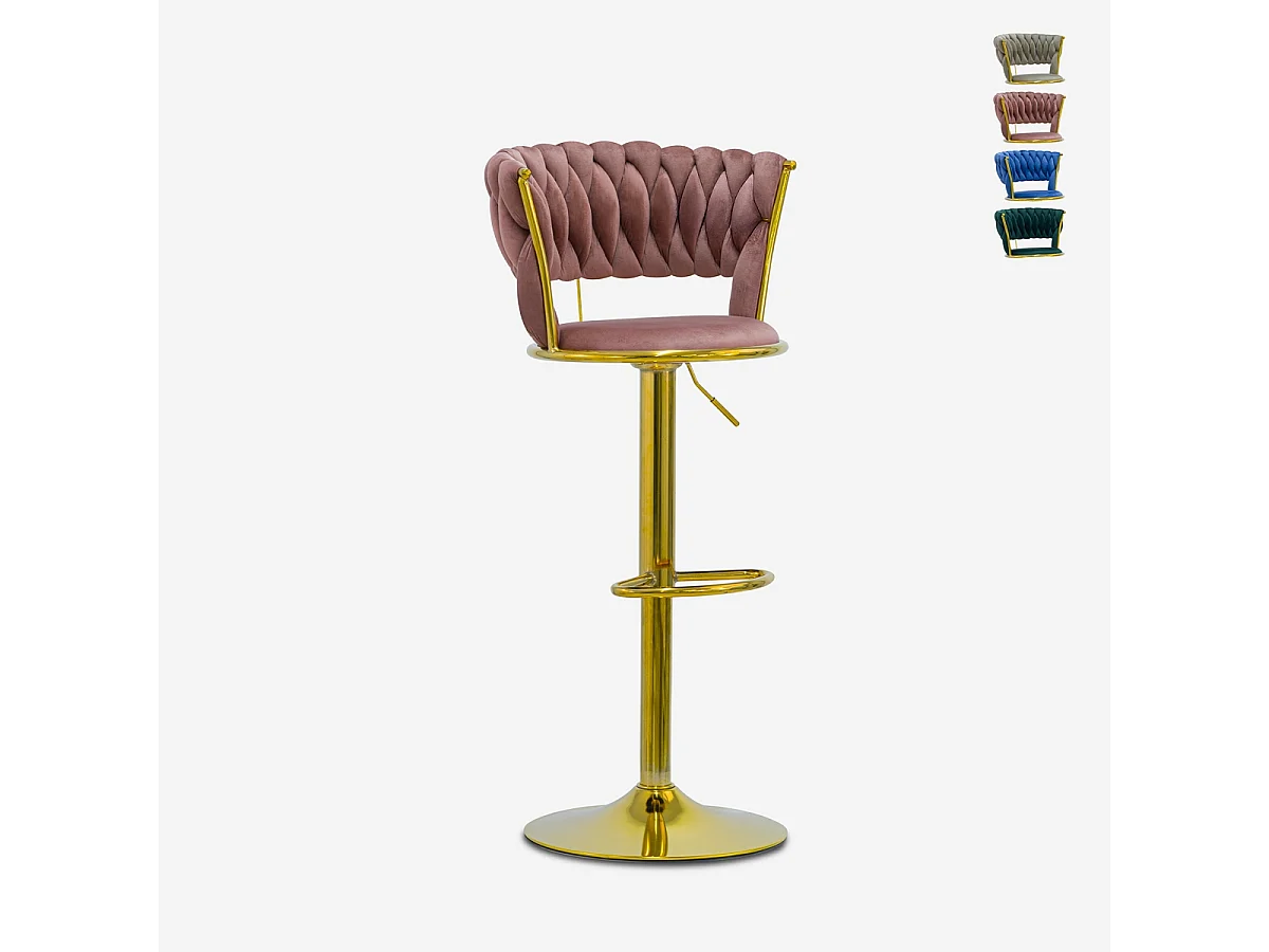 Hocker verstellbar aus goldfarbenem Metall und gewebtem Samt Macaron - Pink