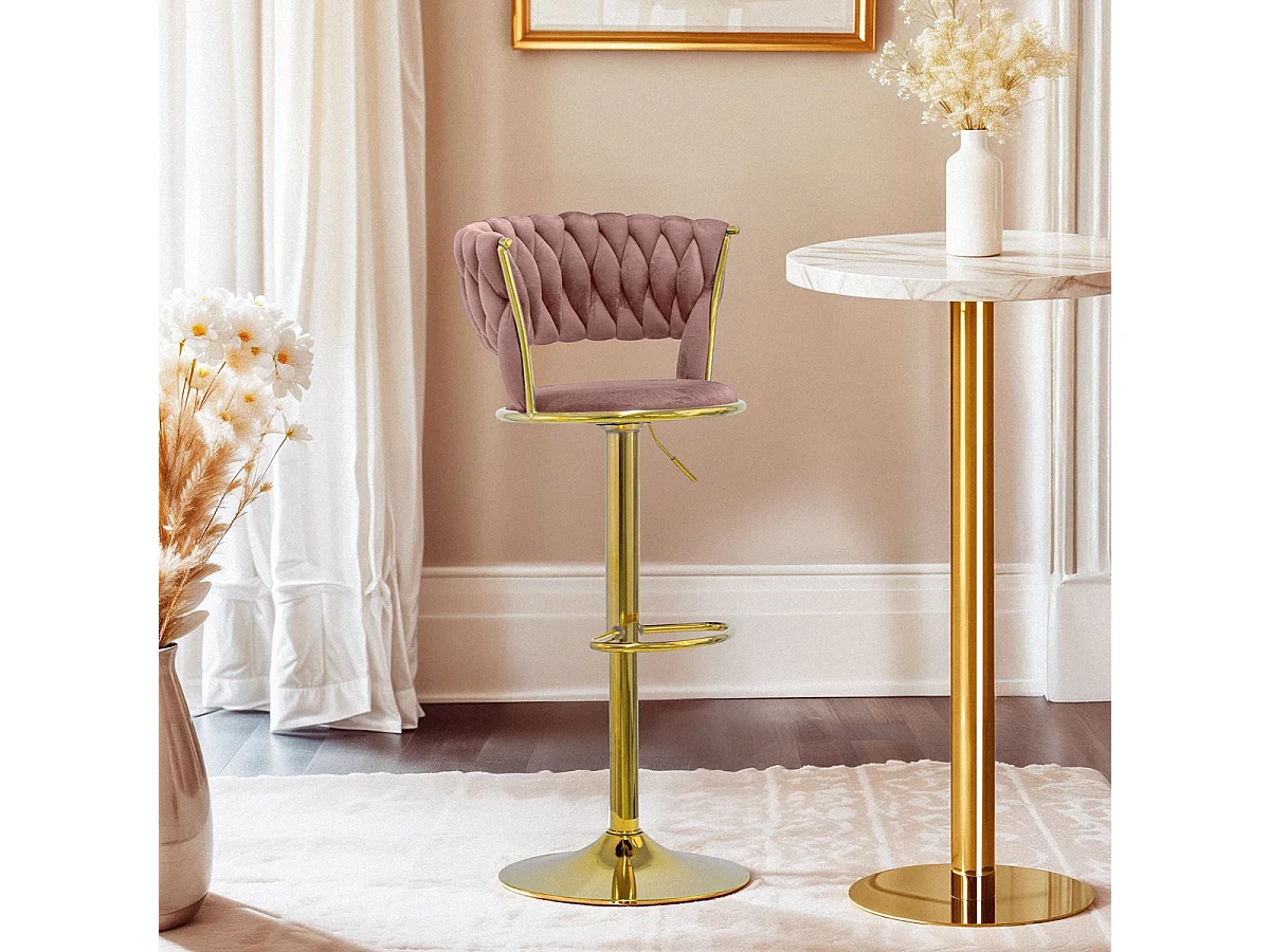 Hocker verstellbar aus goldfarbenem Metall und gewebtem Samt Macaron - Pink