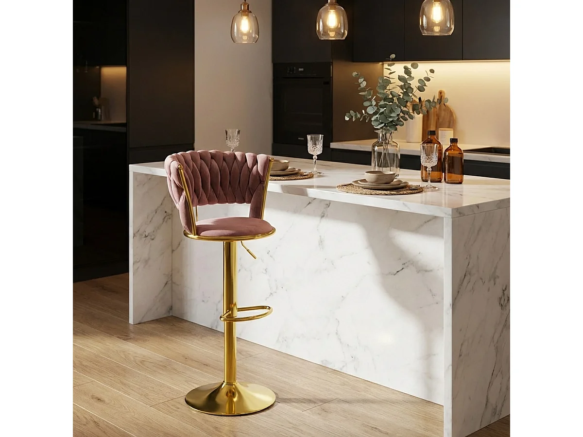 Hocker verstellbar aus goldfarbenem Metall und gewebtem Samt Macaron - Pink