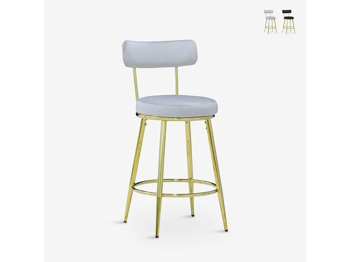 Taburete de bar y cocina de terciopelo con respaldo y patas doradas Kraven - Gris
