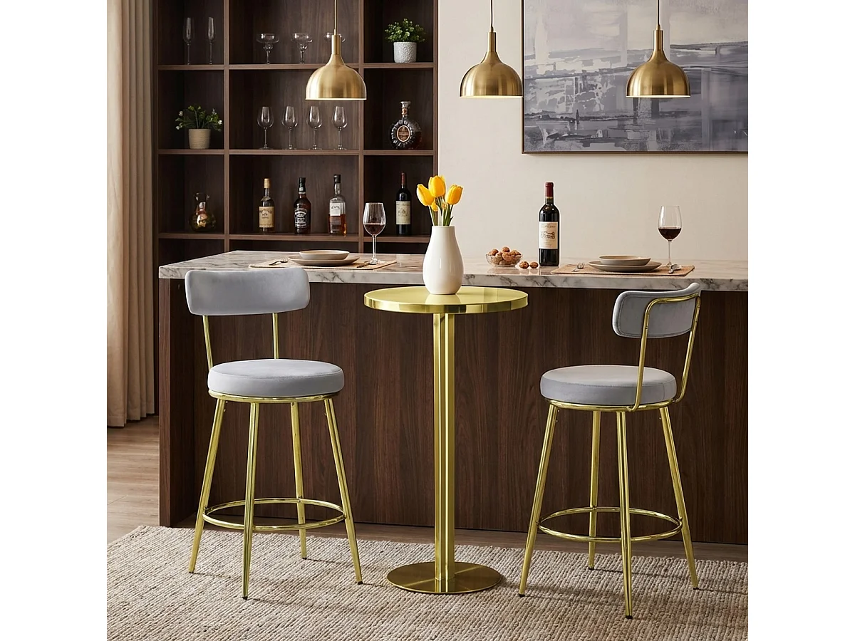 Hocker Bar Küchen aus Samt mit Rückenlehne und goldfarbenen Beinen Kraven - Grau
