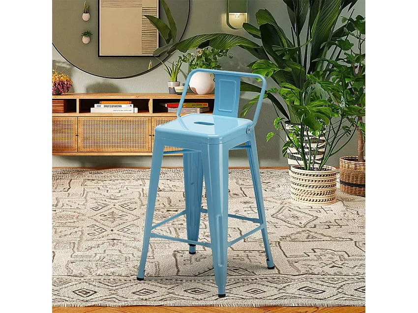 taburete alto de acero y metal para cocinas y bares con respaldo steel top - Azul