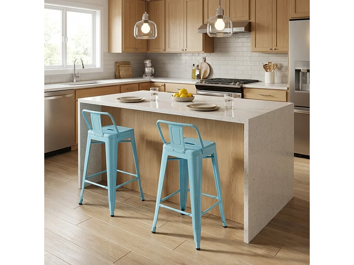 Barhocker im industrie stil aus metall mit rückenlehne Steel Top - Hellblau