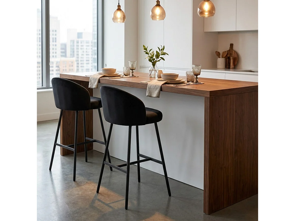 Taburete alto para bar o cocina de diseño moderno en terciopelo y metal negro Cincinnati - Negro