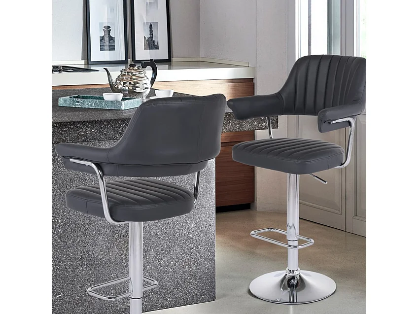 Taburete alto de cocina polipiel brazos regulables base cromada Tampa - Gris